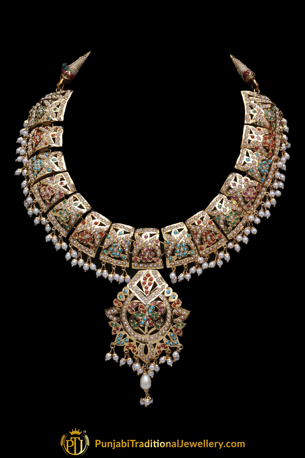 Multi Jadau Pearl Necklace Set By Punjabi Traditional Jewellery
