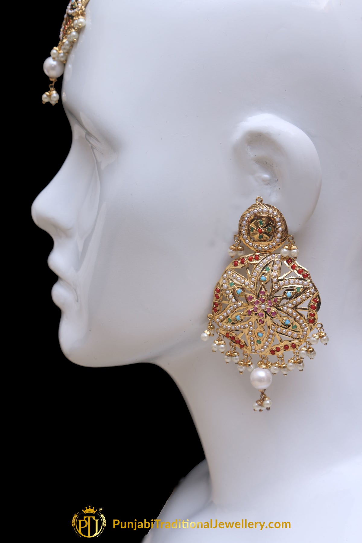 Multi Jadau Pearl Earring Tikka Set By Punjabi Traditional Jewellery