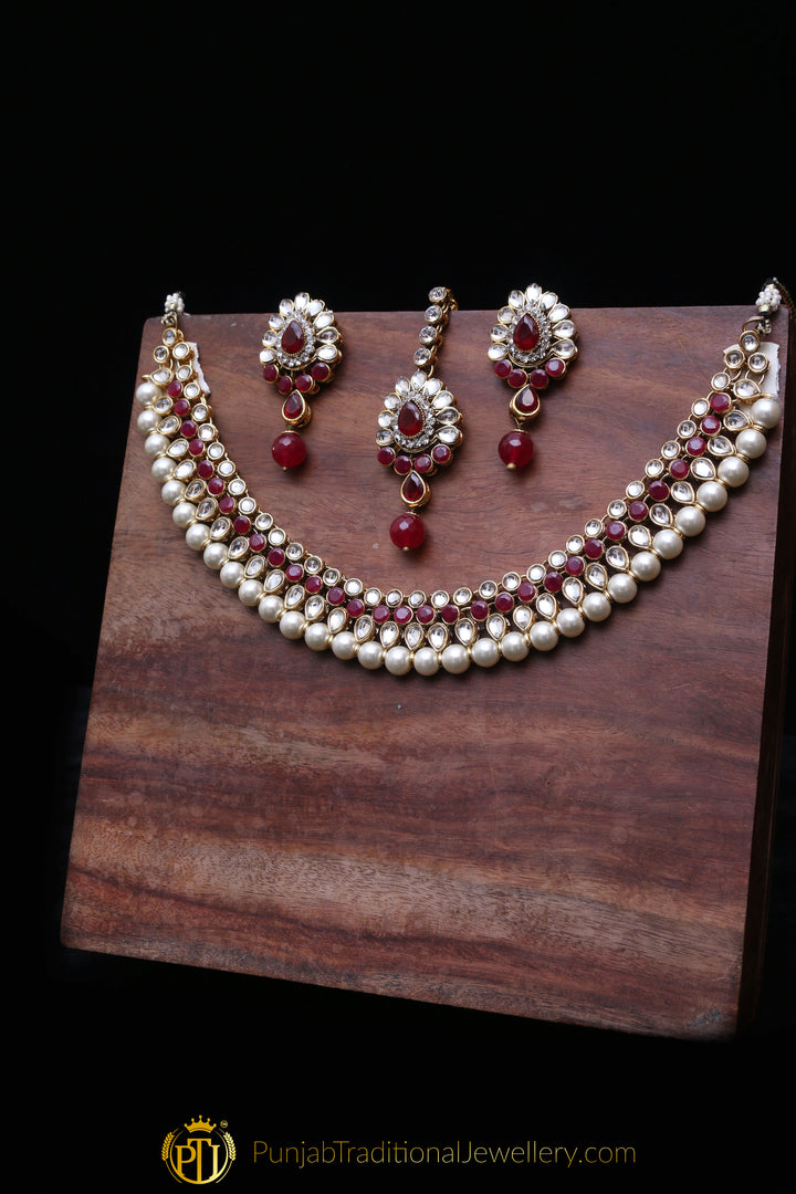 White & Maroon Necklace Set By Punjabi Traditional Jewellery
