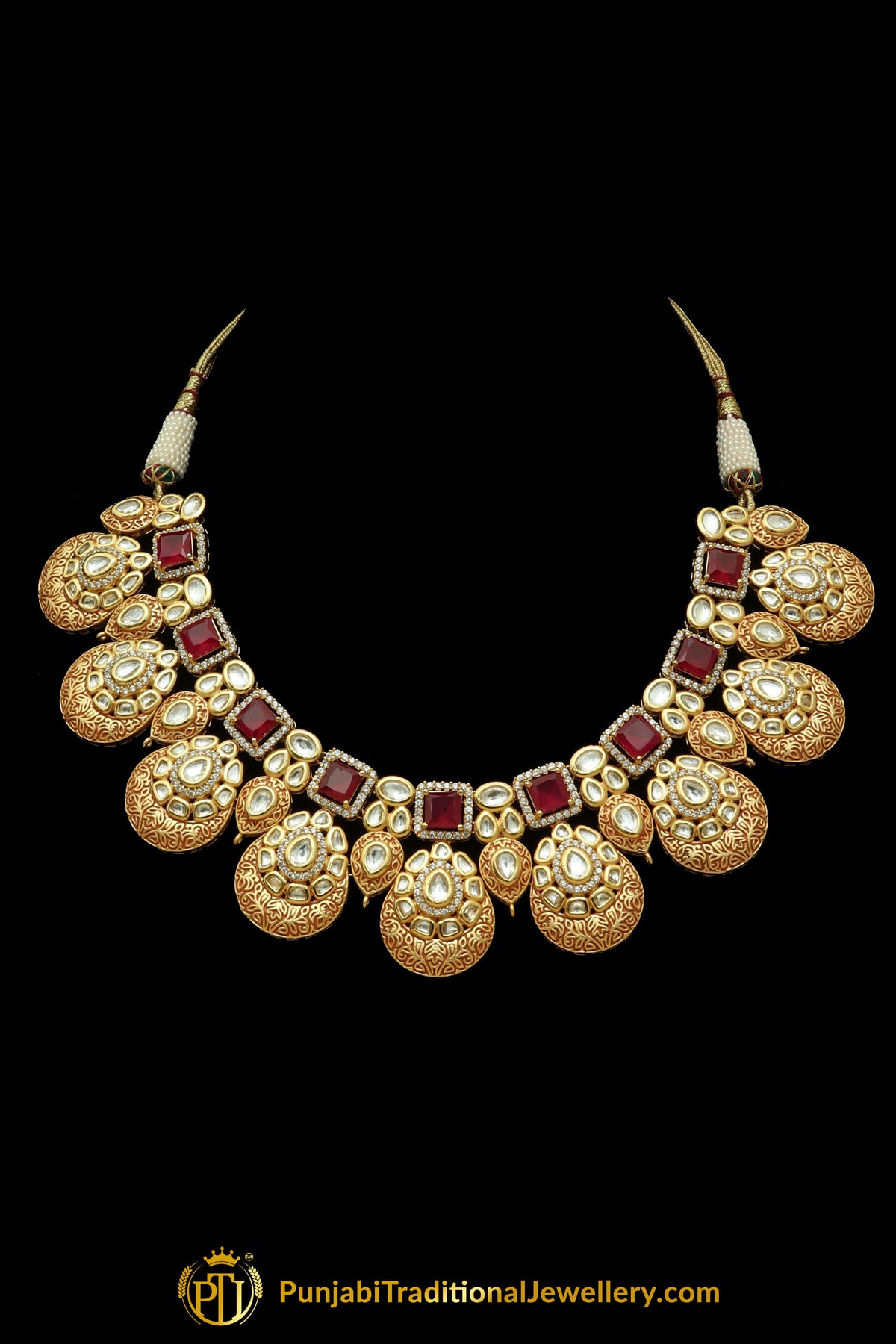 Red Kundan Antique Matt Gold Necklace Set By Punjabi Taditional Jewellery