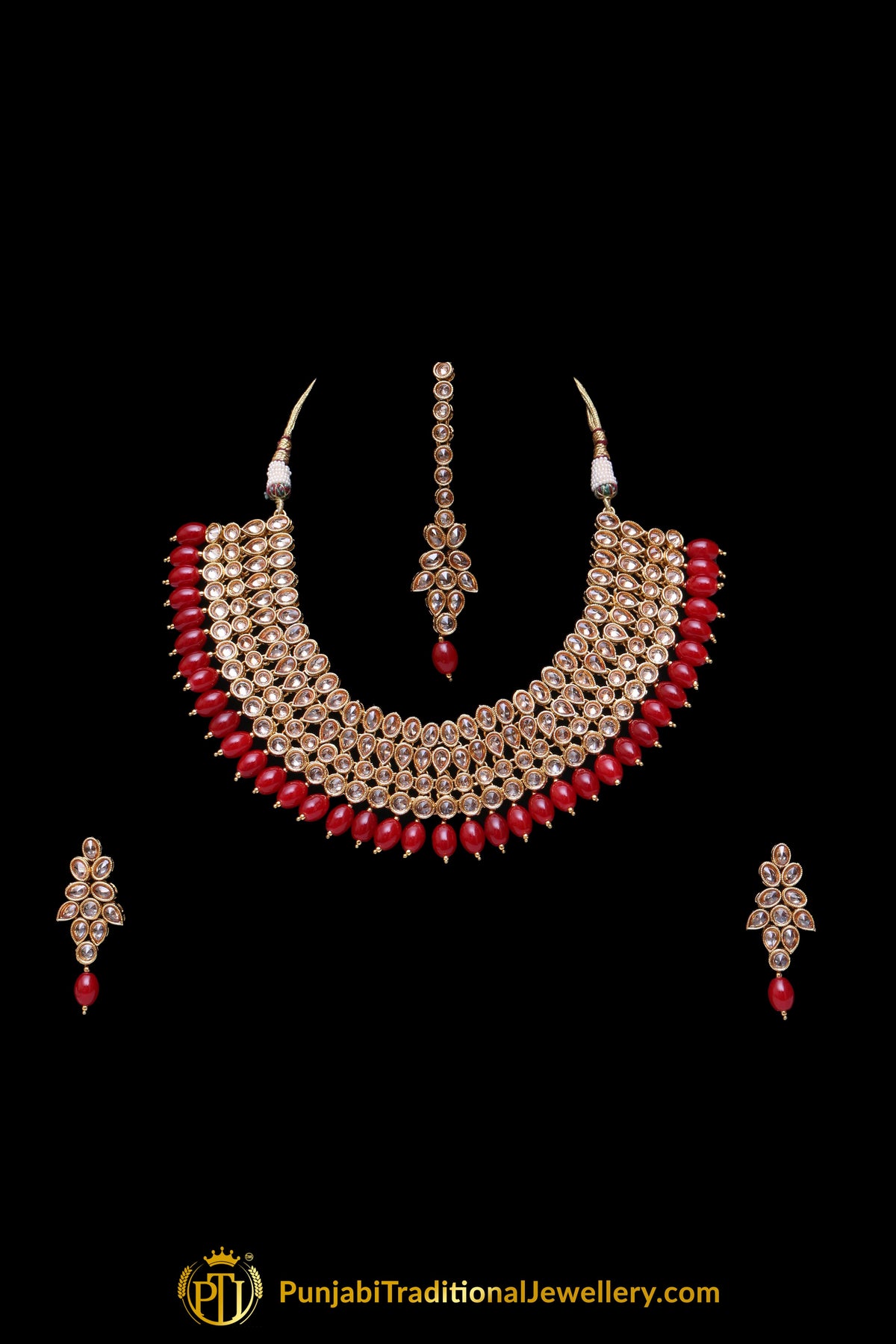 Red Champagne Stone Necklace Set By Punjabi Taditional Jewellery