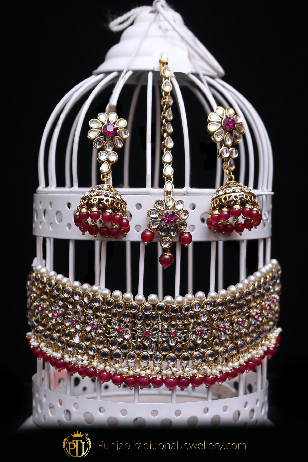 Maroon Pearl Kundan Choker Necklace Set By Punjabi Traditional Jewellery