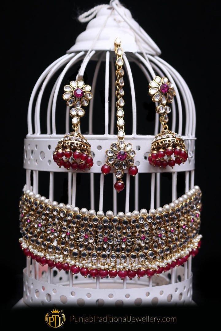 Maroon Pearl Kundan Choker Necklace Set By Punjabi Traditional Jewellery