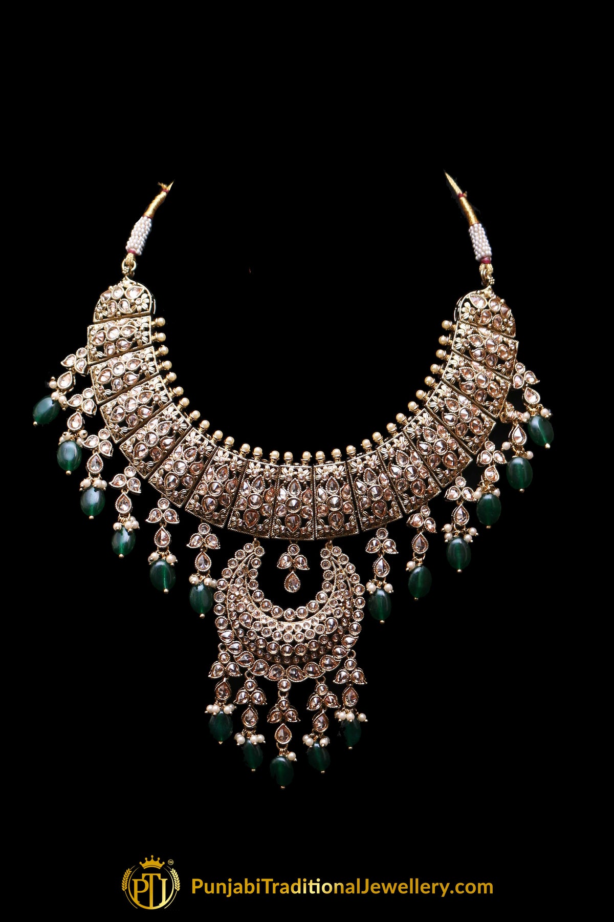 Green Champagne Stone Necklace Set By Punjabi Traditional Jewellery