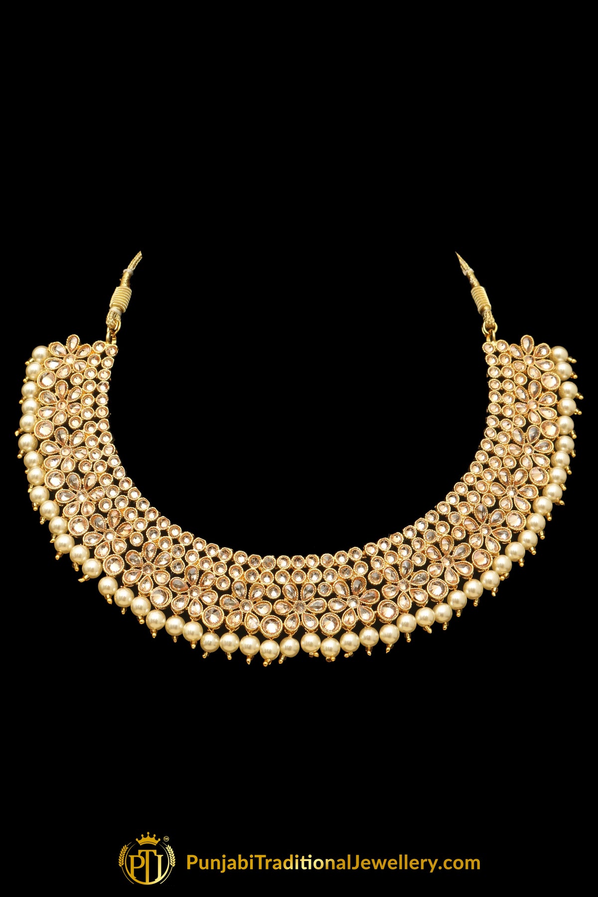 Pearl Champagne Stone Necklace Set By Punjabi Taditional Jewellery
