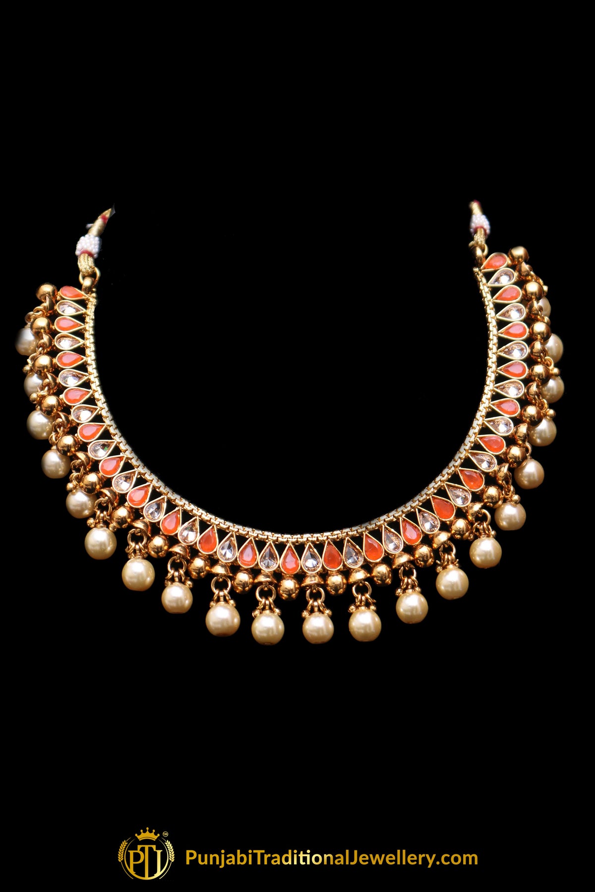 Orange Polki Pearl Necklace Set By Punjabi Taditional Jewellery