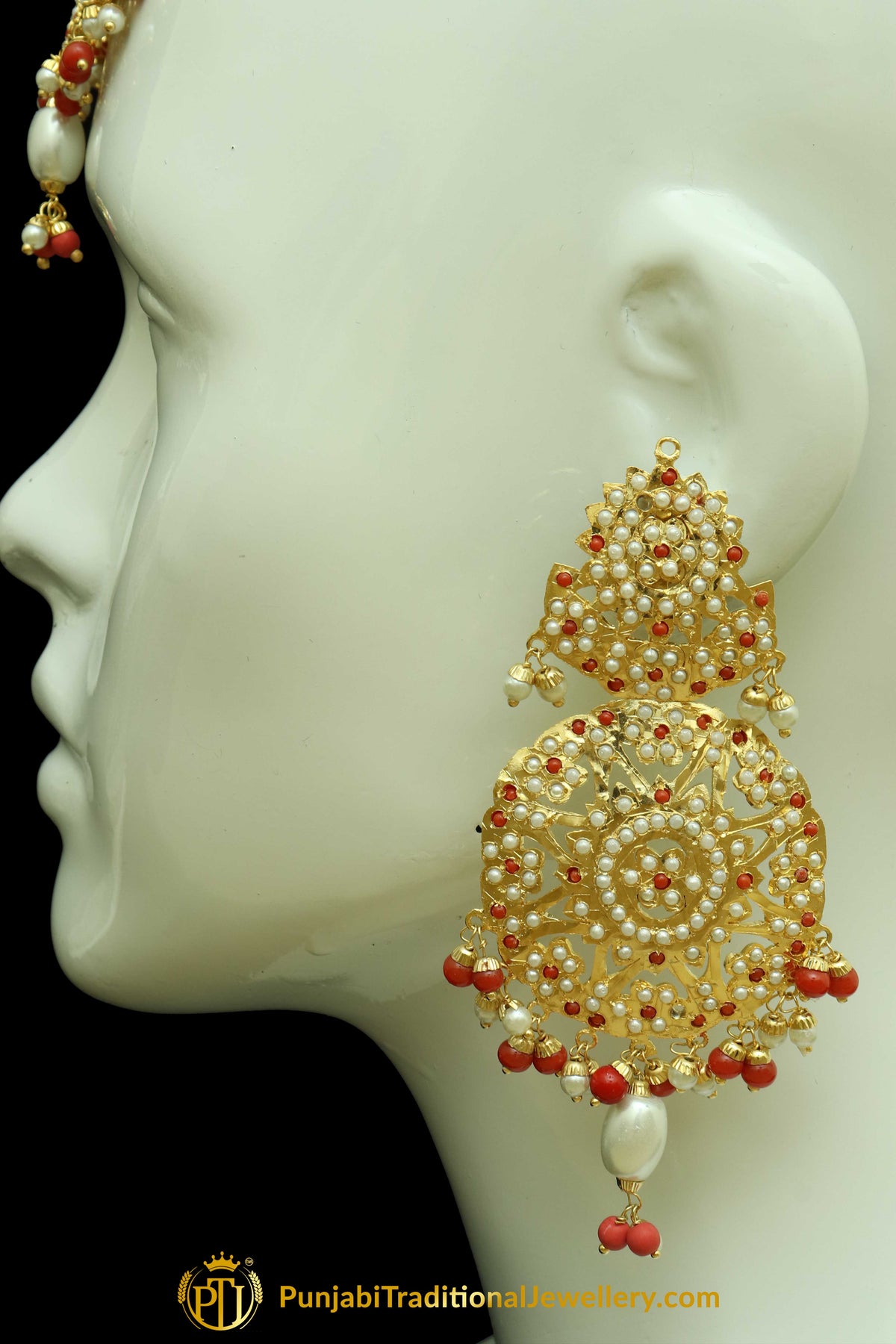Gold Finished Rubby Jadau Earring Tikka Set By Punjabi Traditional Jewellery