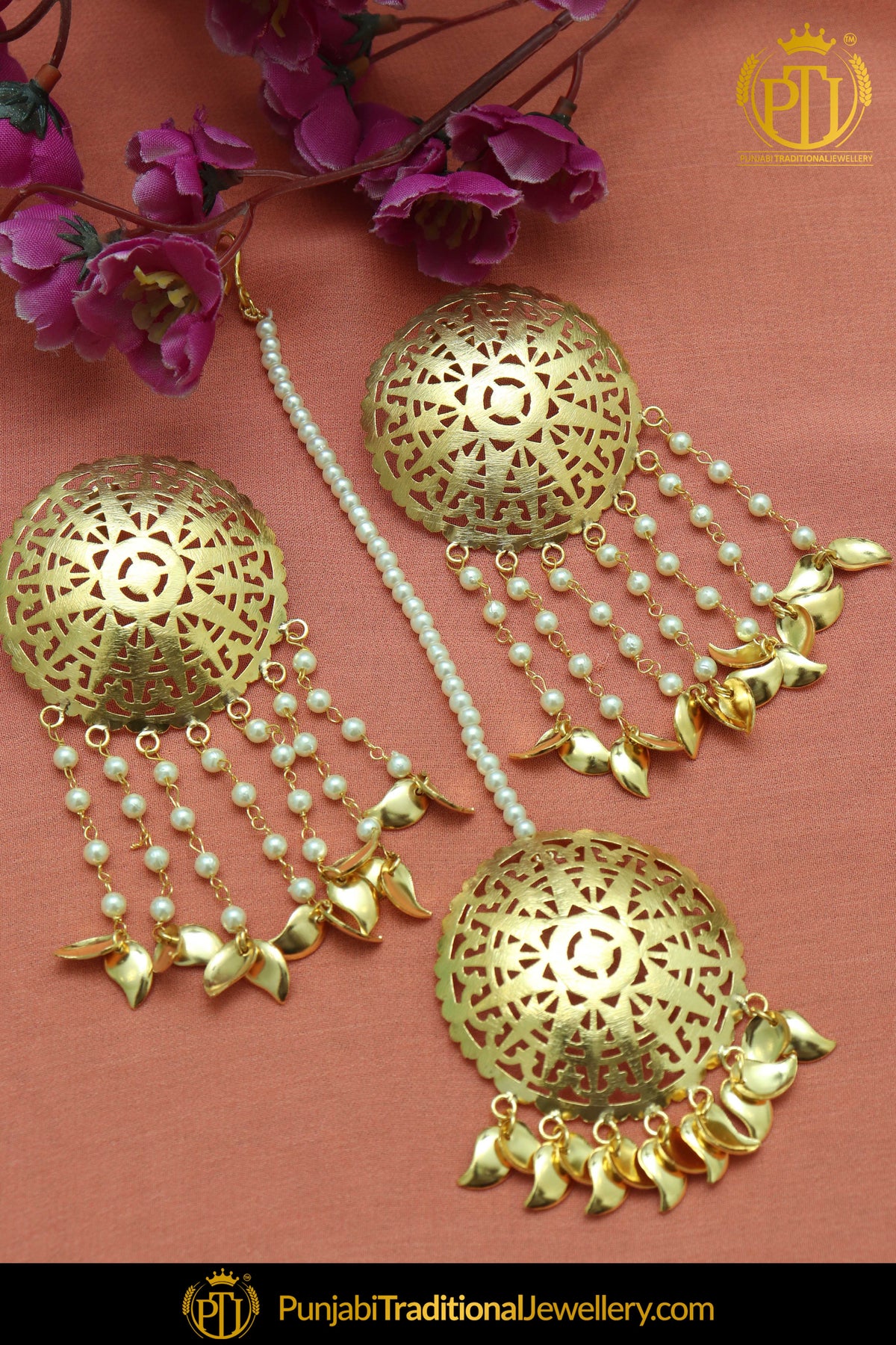 Gold Plated Pippal Patti Stud Earrings & Tikka Set | Punjabi Traditional Jewellery Exclusive