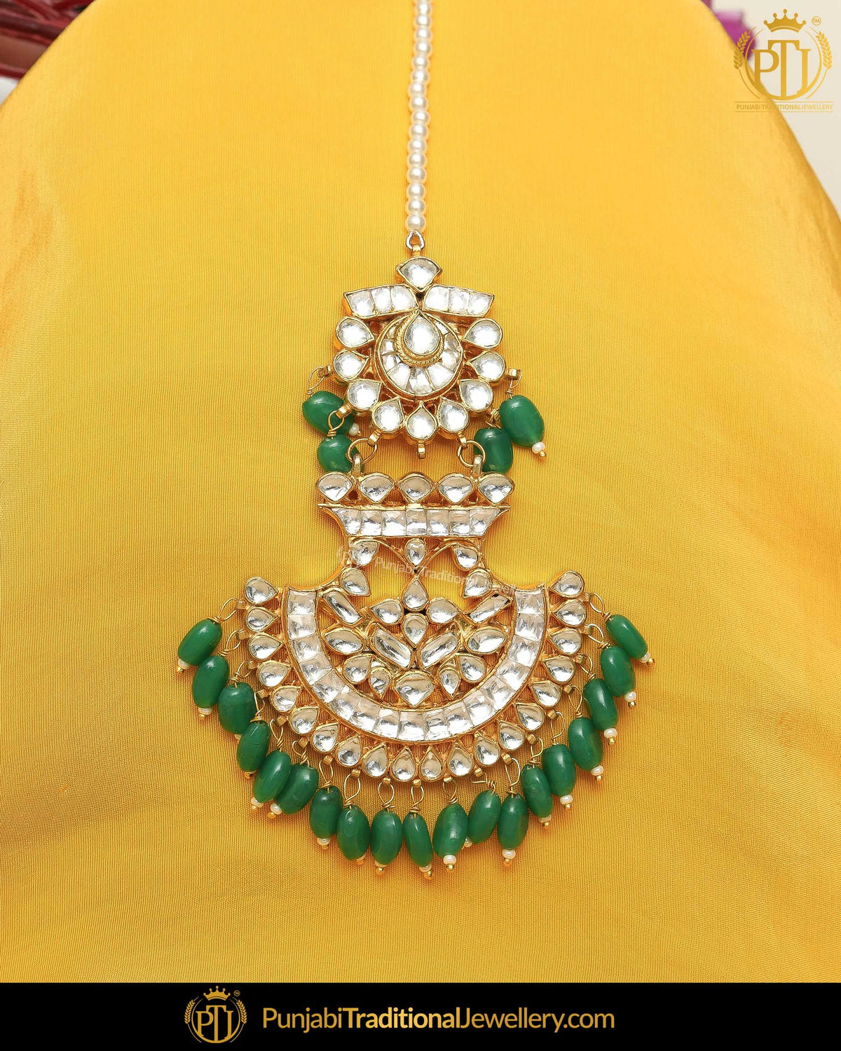 Gold Finished Emerald Kundan Pearl Tikka | Punjabi Traditional Jewellery Exclusive