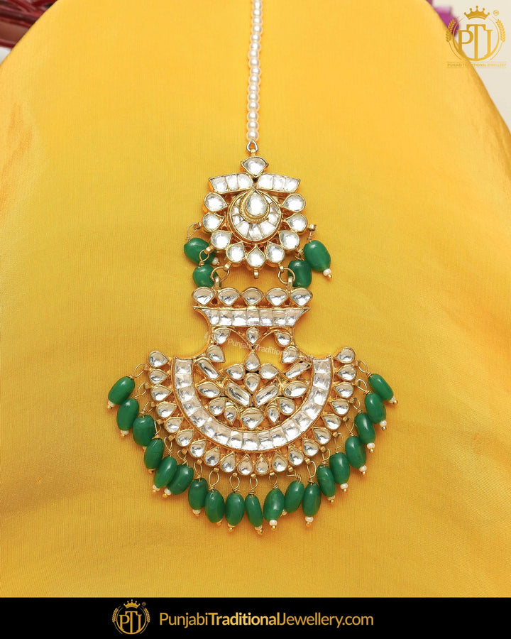 Gold Finished Emerald Kundan Pearl Tikka | Punjabi Traditional Jewellery Exclusive
