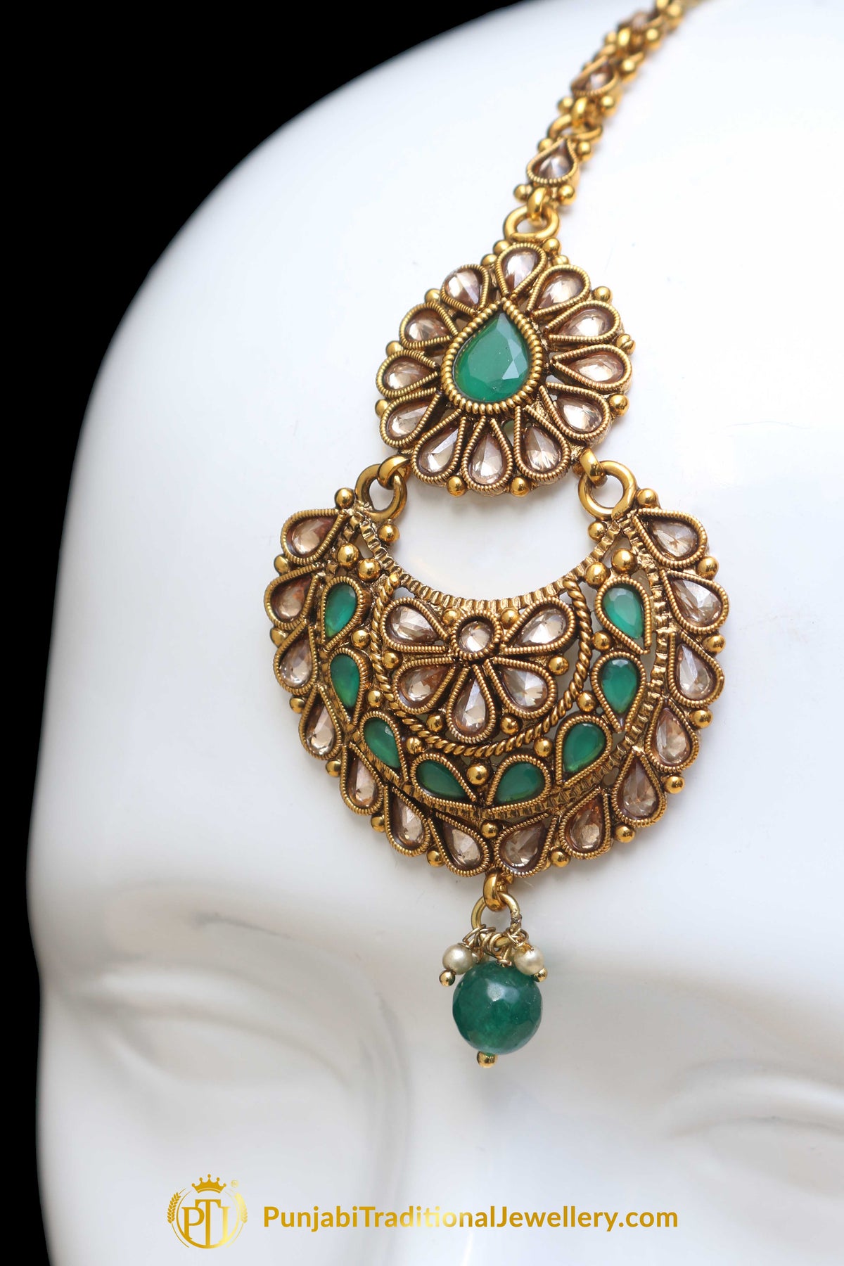 Champagne Stone Green Pearl Earring Tikka Set By Punjabi Traditional Jewellery