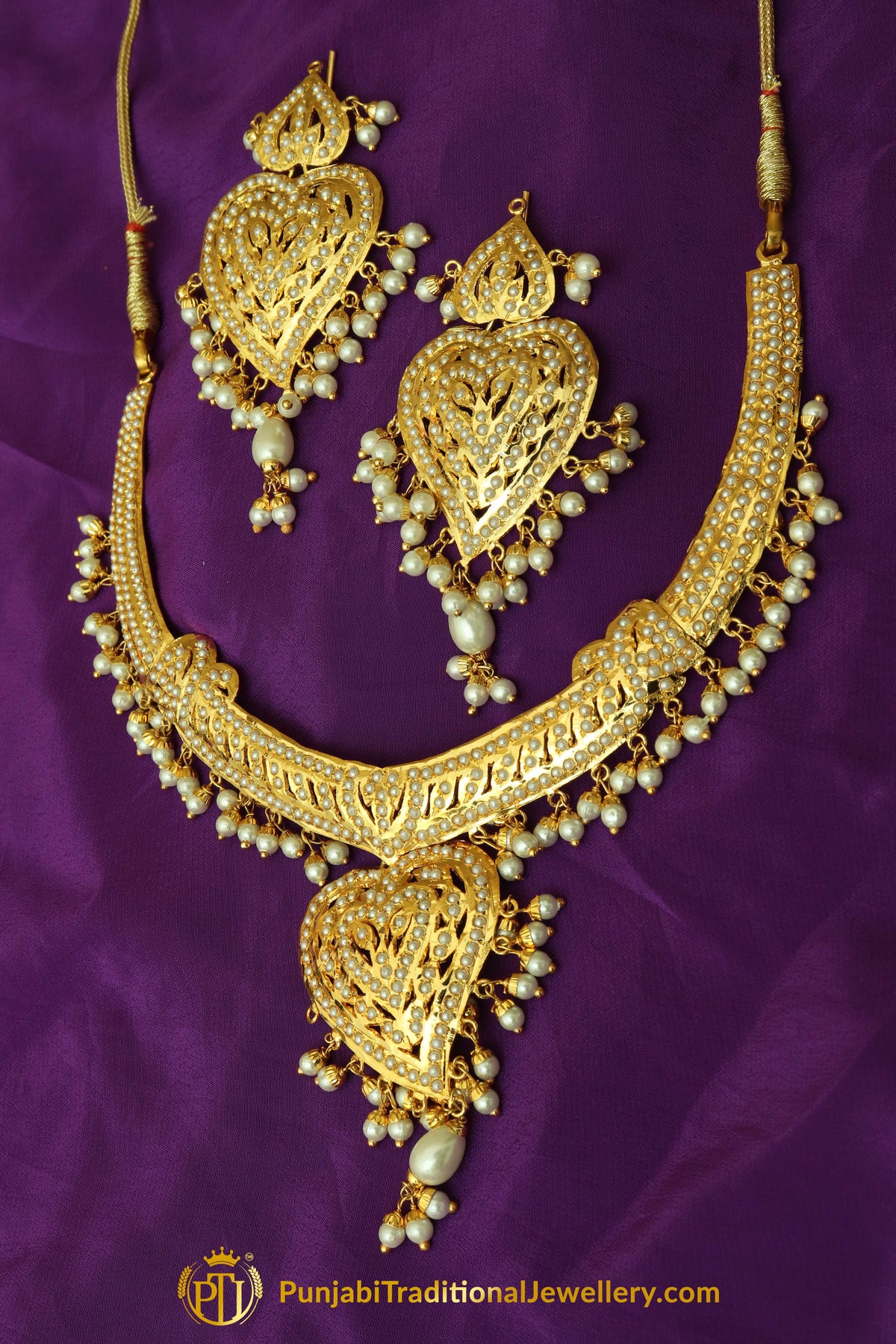 Golden Jadau Pearl Necklace Set By Punjabi Traditional Jewellery