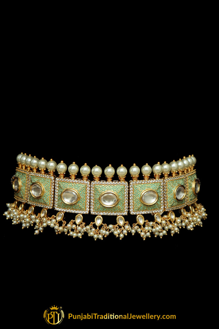 Green Kundan Meena Hand Painted Meena Choker Necklace Set By Punjabi Traditional Jewellery