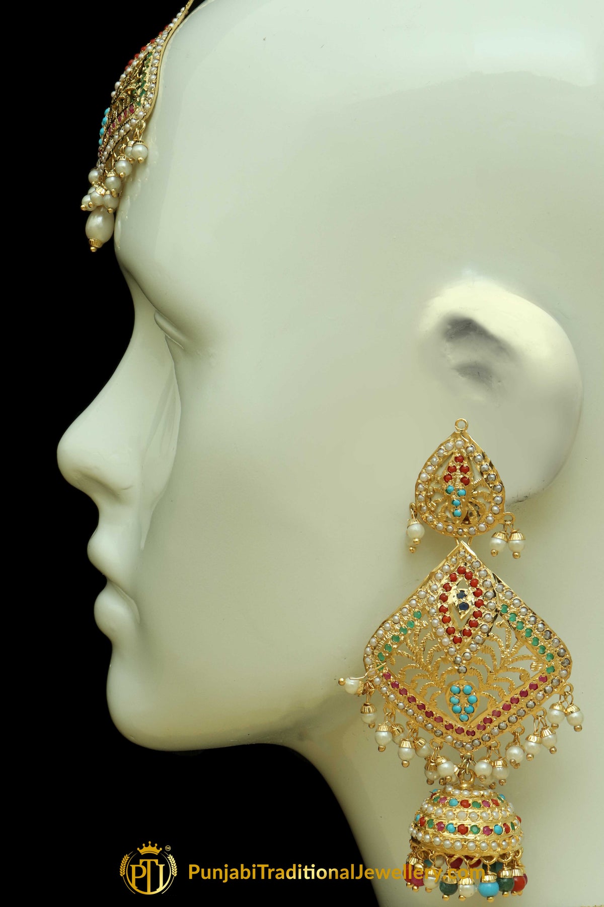 Multi Jadau Earrings Tikka Set By Punjabi Traditional Jewellery