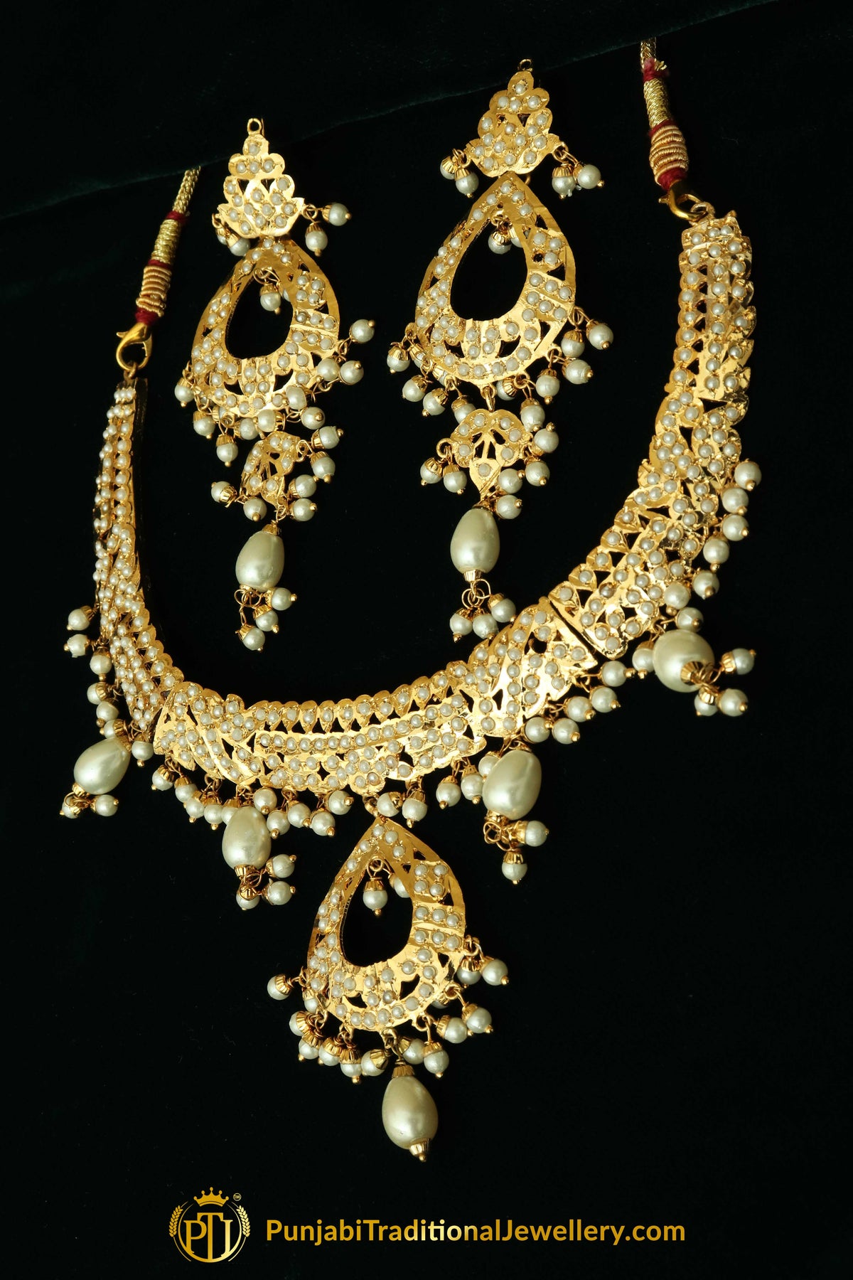 Golden Jadau Pearl Necklace Set By Punjabi Traditional Jewellery