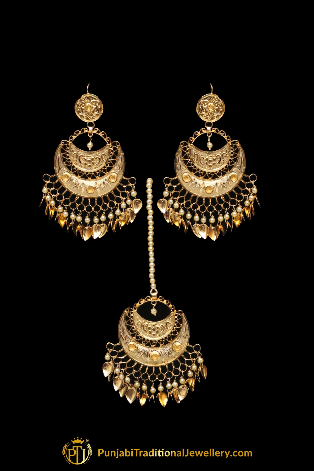Golden Pippal Patti Earring Tikka Set By Punjabi Traditional Jewellery