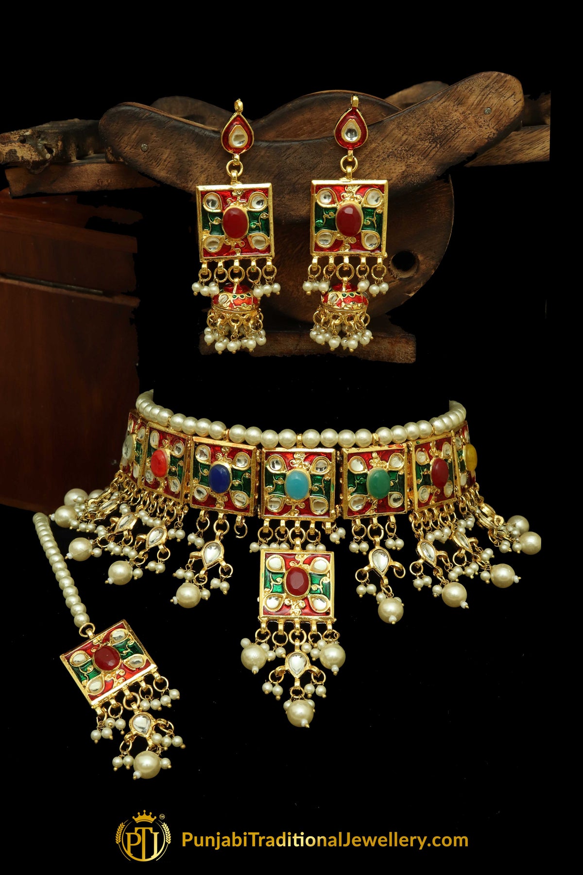 Multi Meena Kundan Pearl Choker Necklace Set By Punjabi Traditional Jewellery