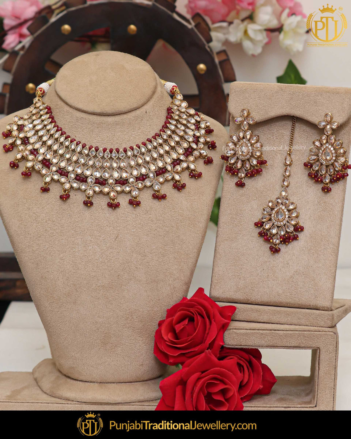 Gold Finished Champagne Stone Maroon Pearl Necklace Set | Punjabi Traditional Jewellery Exclusive