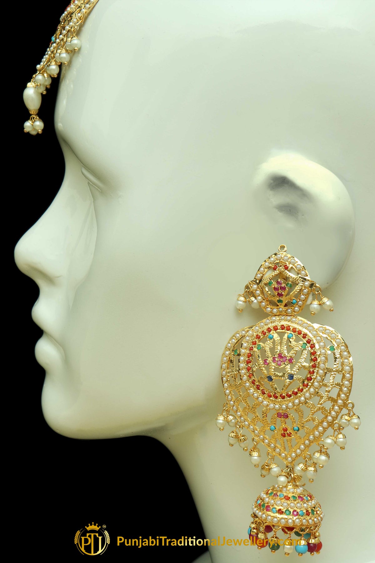 Multi Jadau Earrings Tikka Set By Punjabi Traditional Jewellery