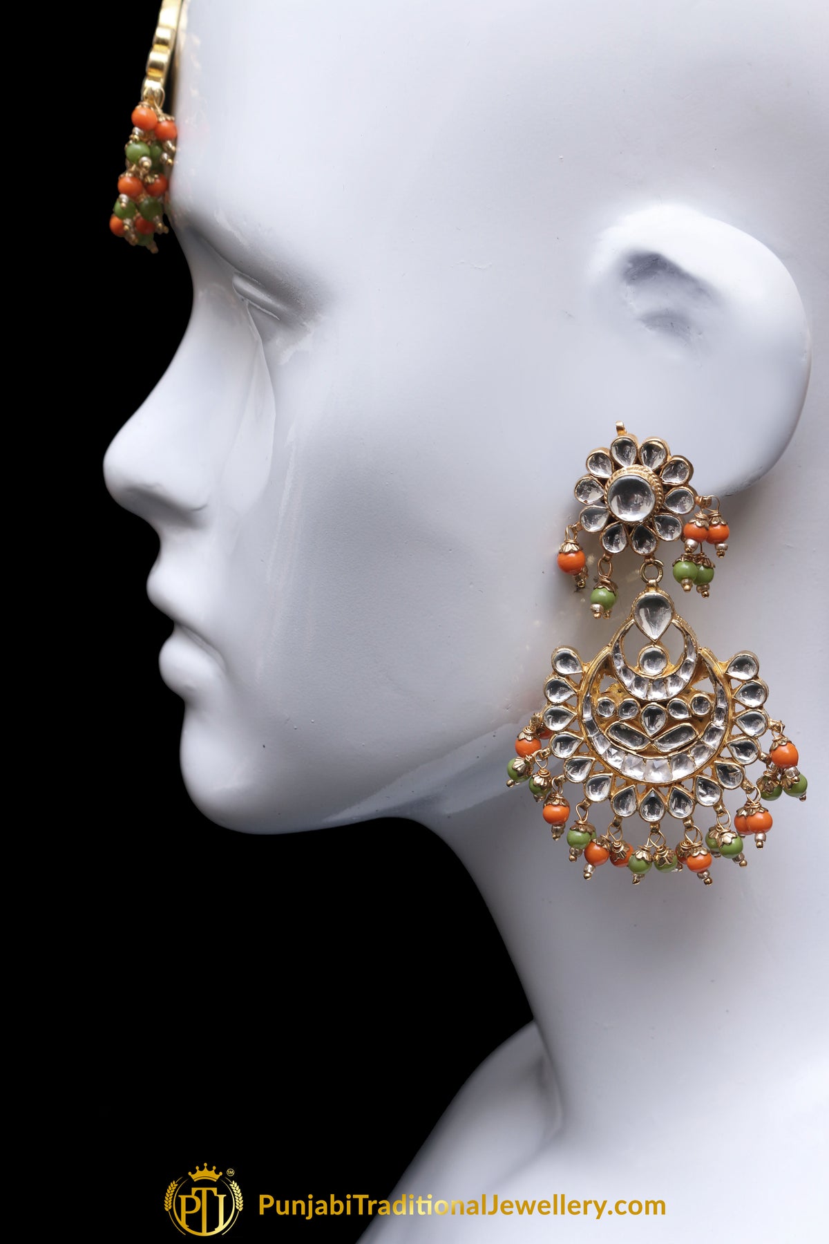 Anikaa Orange & Green Kundan Pearl Earring Tikka Set By Punjabi Traditional Jewellery