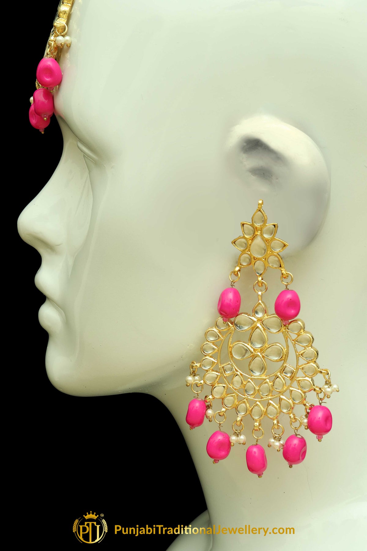 Pink Kundan Earring Tikka Set By Punjabi Traditional Jewellery