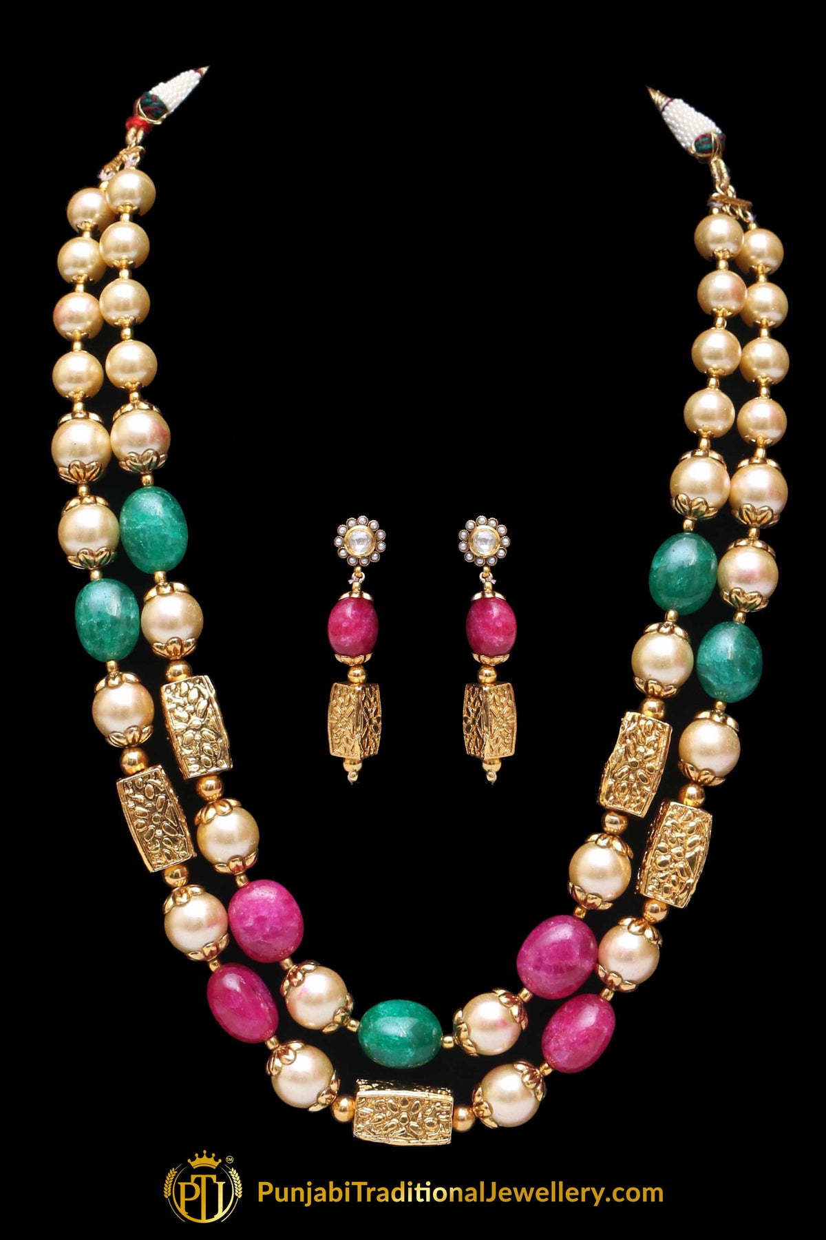 Red & Green Jodha Mala Necklace Set By Punjabi Traditional Jewellery