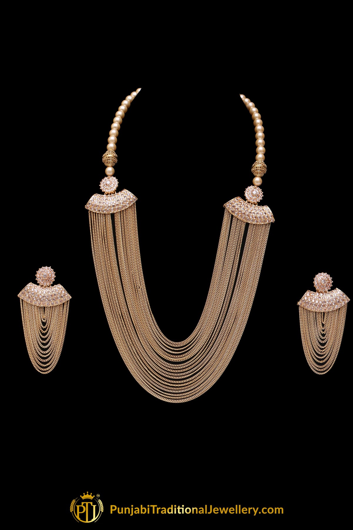 Champagne Stone Antique Gold Necklace Set By Punjabi Traditional Jewellery