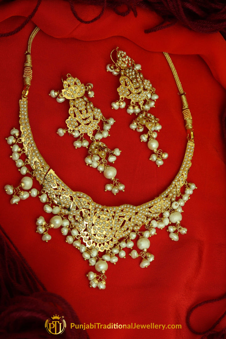 Golden Jadau Necklace Set By Punjabi Traditional Jewellery