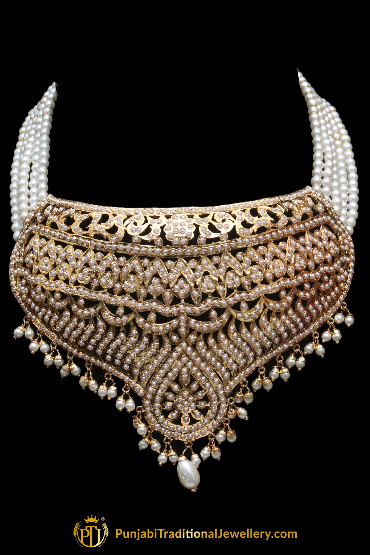 Jadau Golden Pearl Necklace Set By Punjabi Traditional Jewellery