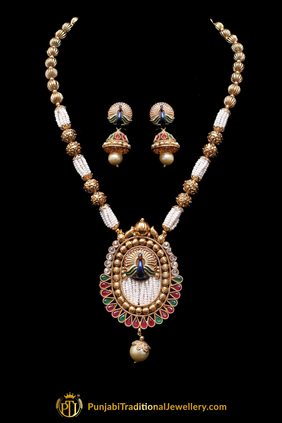 Red & Green Jodha Necklace Set By Punjabi Traditional Jewellery