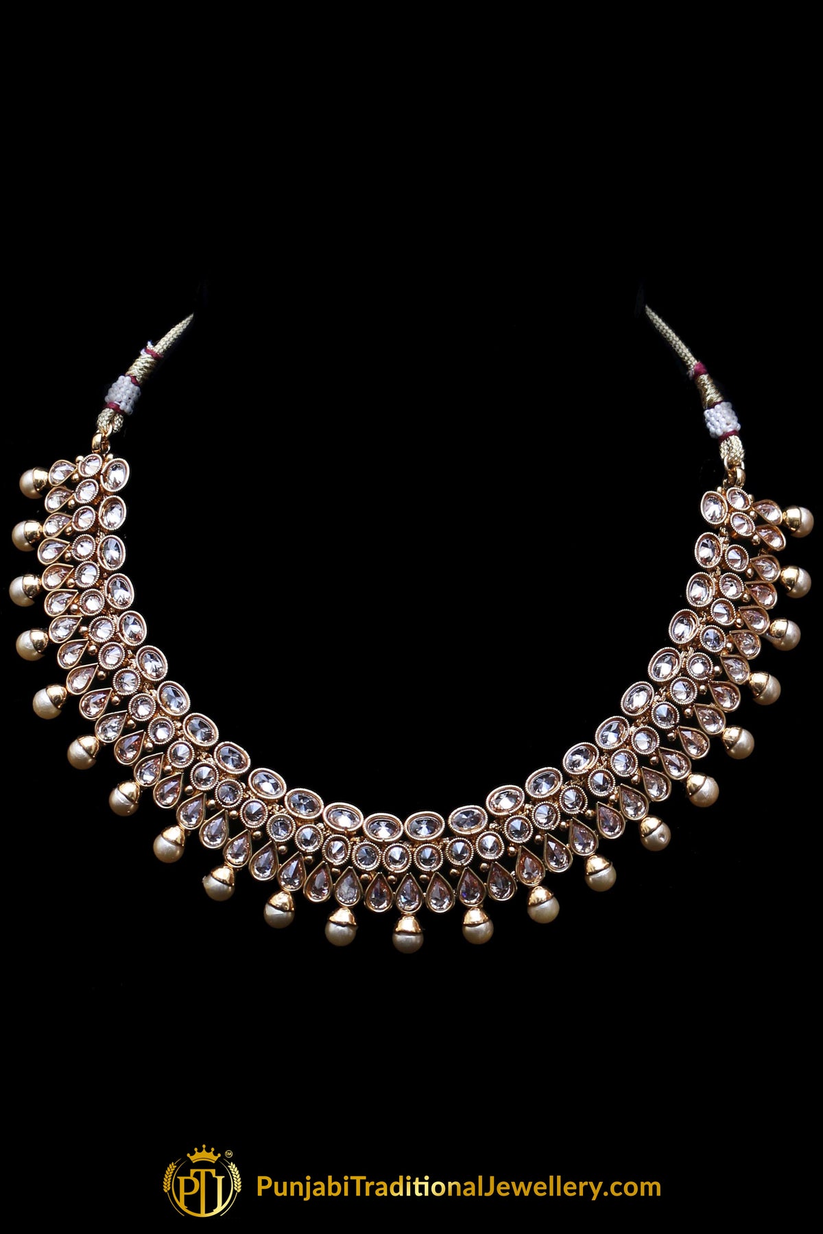 Golden White Pearl Polki Necklace Set By Punjabi Traditional Jewellery