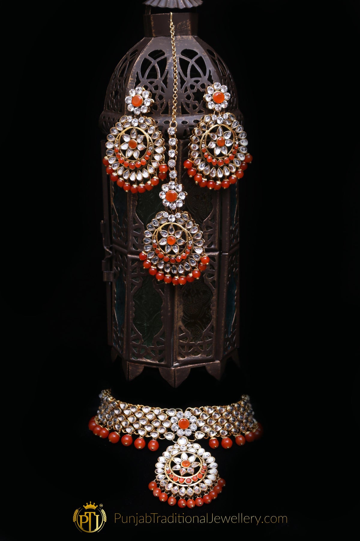 Orange Kundan Necklace Set By Punjabi Traditional Jewellery
