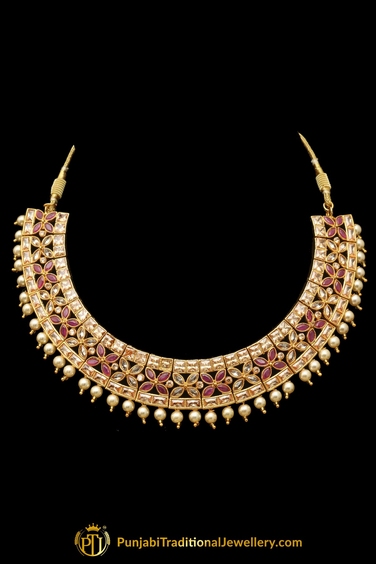 Red Champagne Stone Pearl Necklace Set By Punjabi Traditional Jewellery