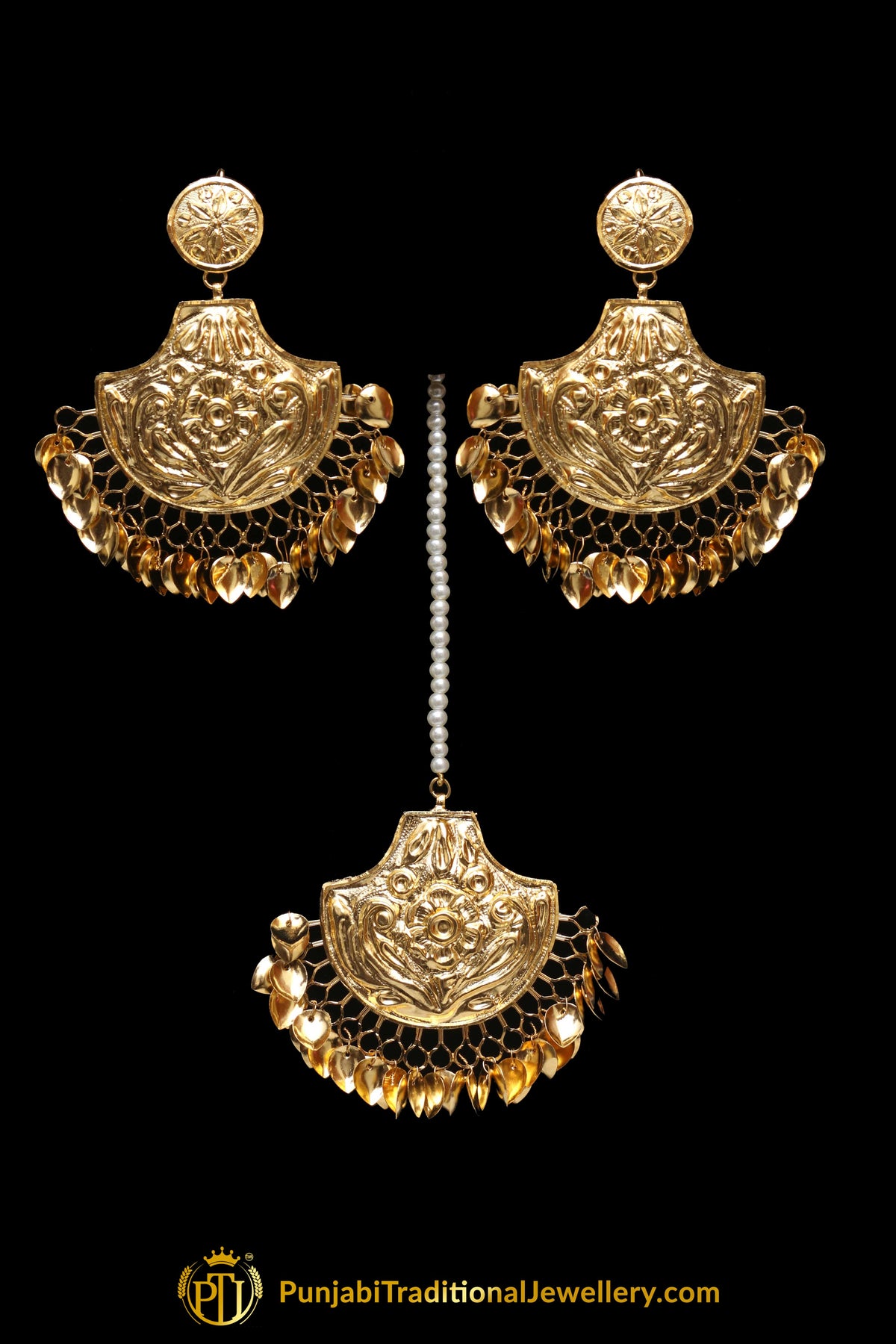 Golden Pippal Patti Earring Tikka Set By Punjabi Traditional Jewellery
