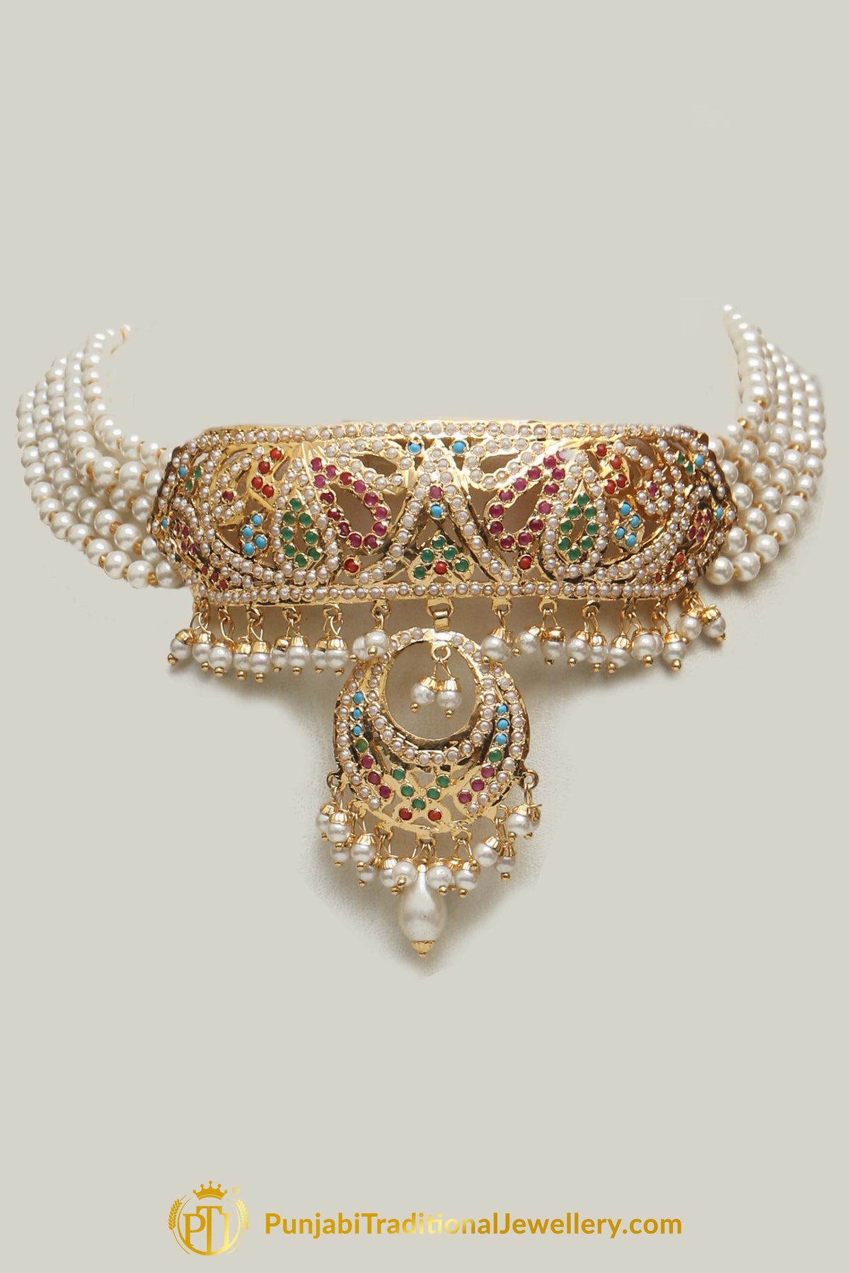 Jadau Multi Pearl Choker Necklace Set By Punjabi Traditional Jewellery