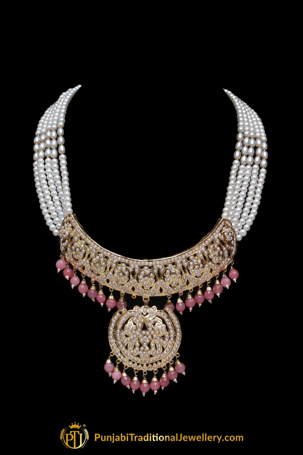 Peach Pearl Jadau Choker Necklace Set By Punjabi Traditional Jewellery