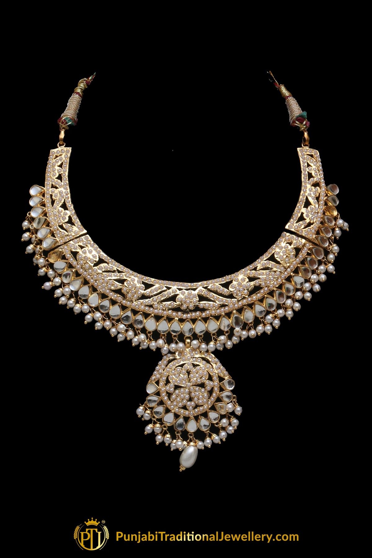 Golden Jadau Pearl Kundan Necklace Set By Punjabi Taditional Jewellery