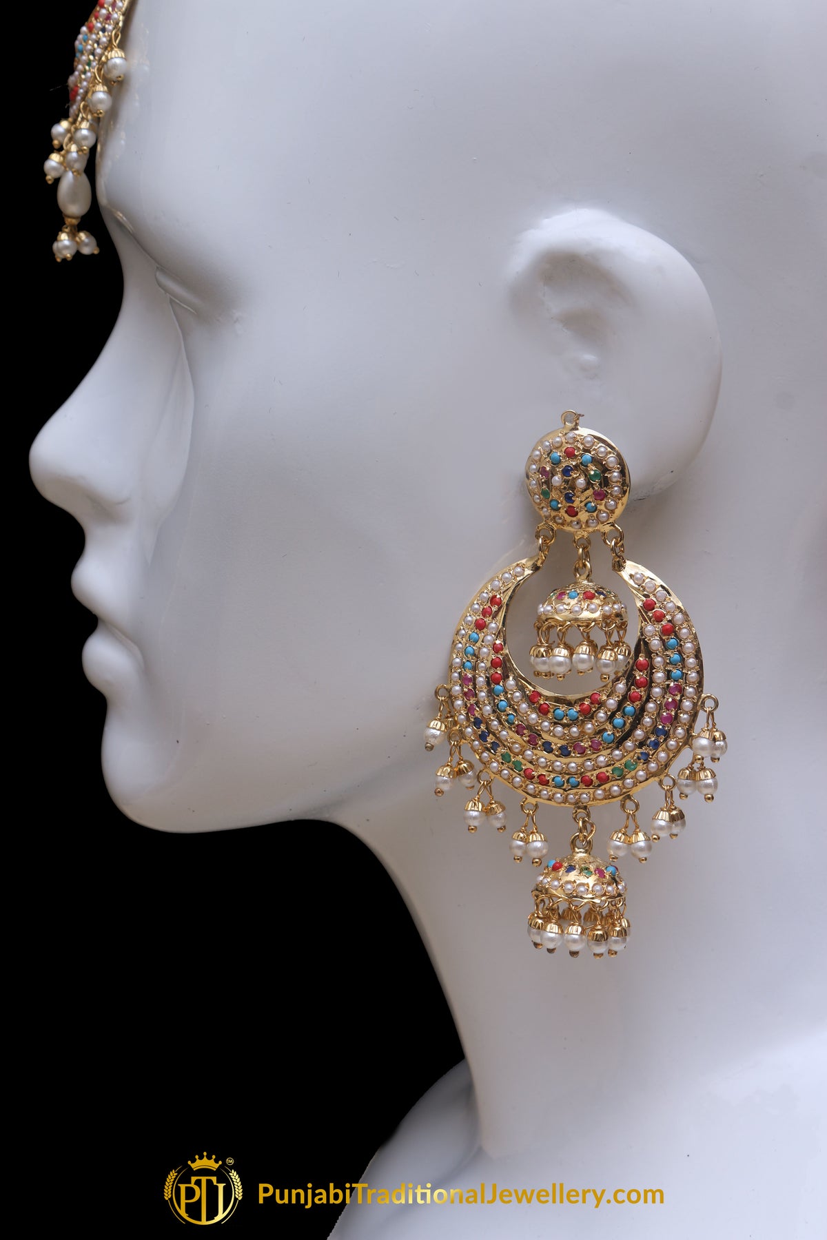 Multi Jadau Pearl Earring Tikka Set By Punjabi Traditional Jewellery