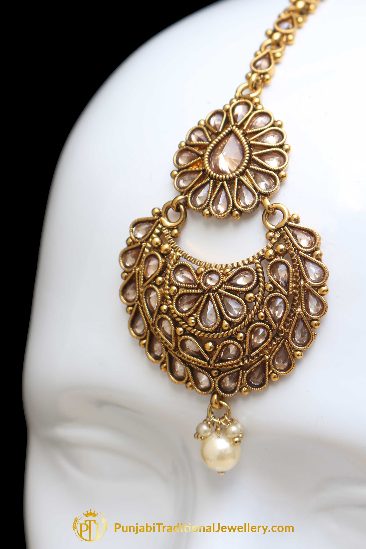Champagne Stone Pearl Earring Tikka Set By Punjabi Traditional Jewellery