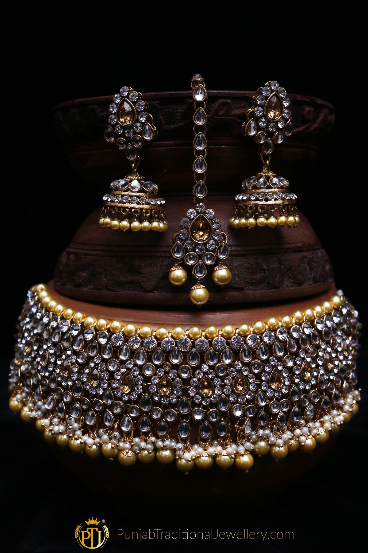 Golden Kundan Choker Necklace Set By Punjabi Traditional Jewellery