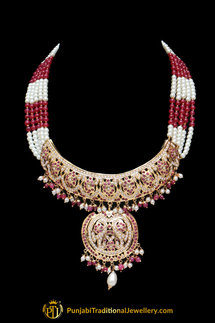 Golden Pink Pearl Jadau Choker Necklace Set By Punjabi Traditional Jewellery