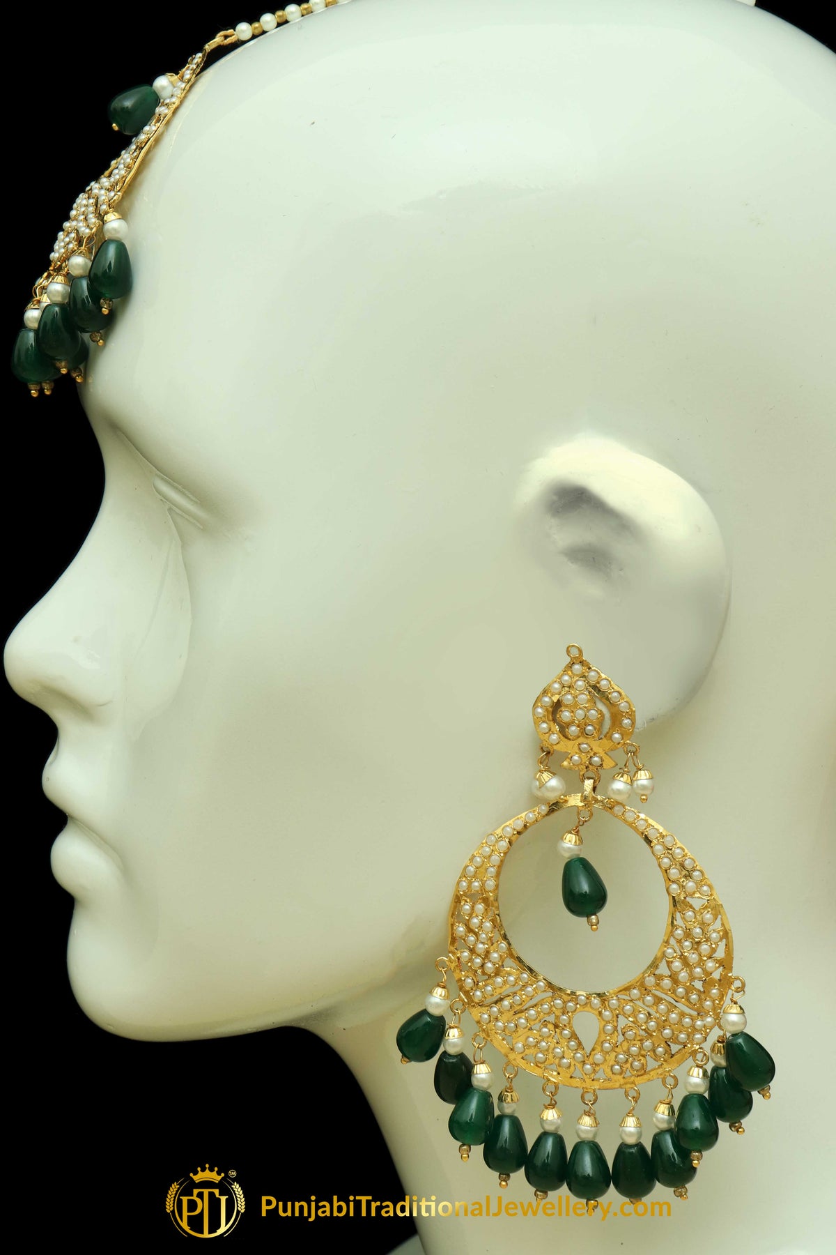 Green Jadau Earrings Tikka Set By Punjabi Traditional Jewellery
