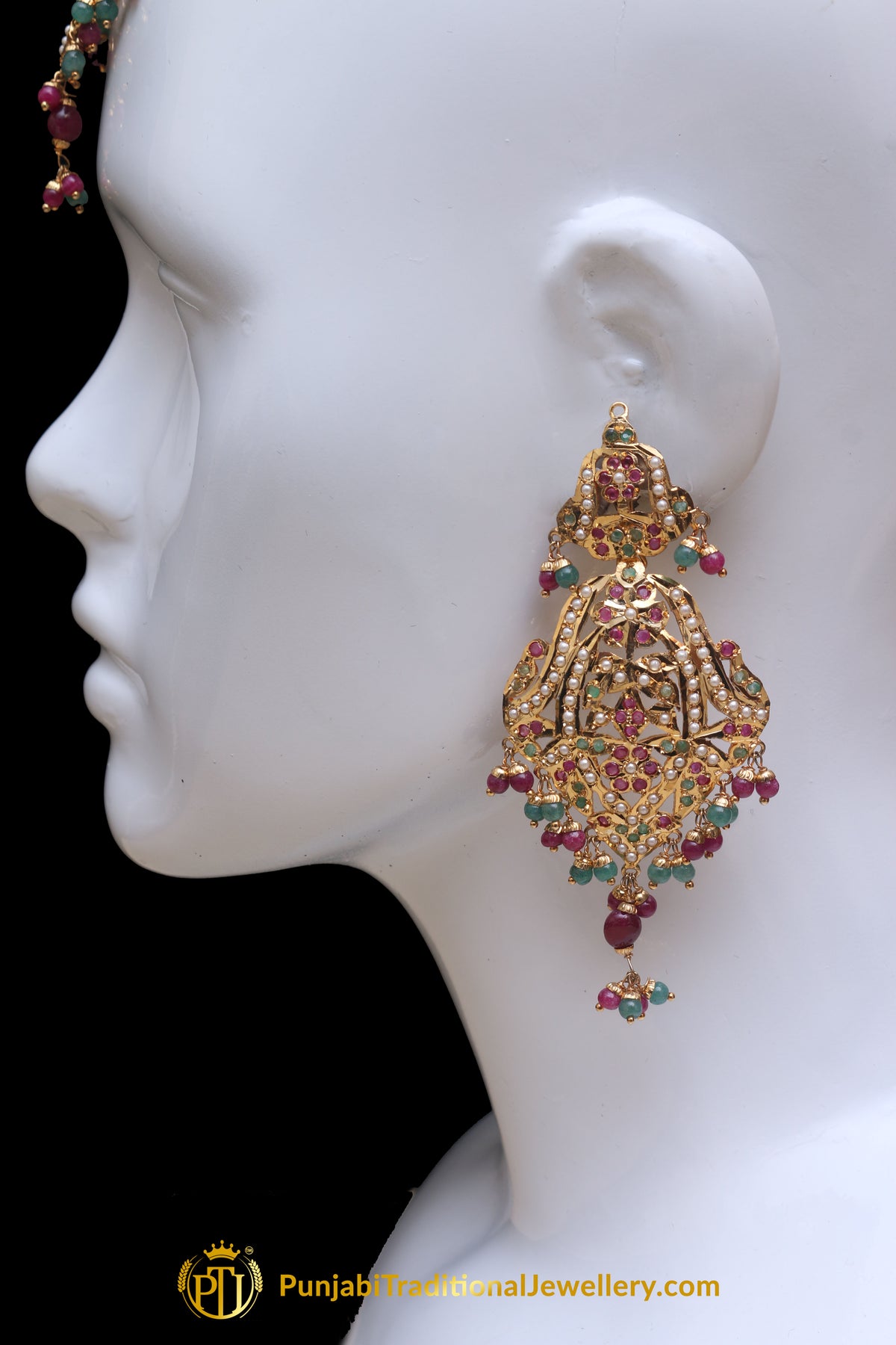 Multi Jadau Pearl Earring Tikka Set By Punjabi Traditional Jewellery