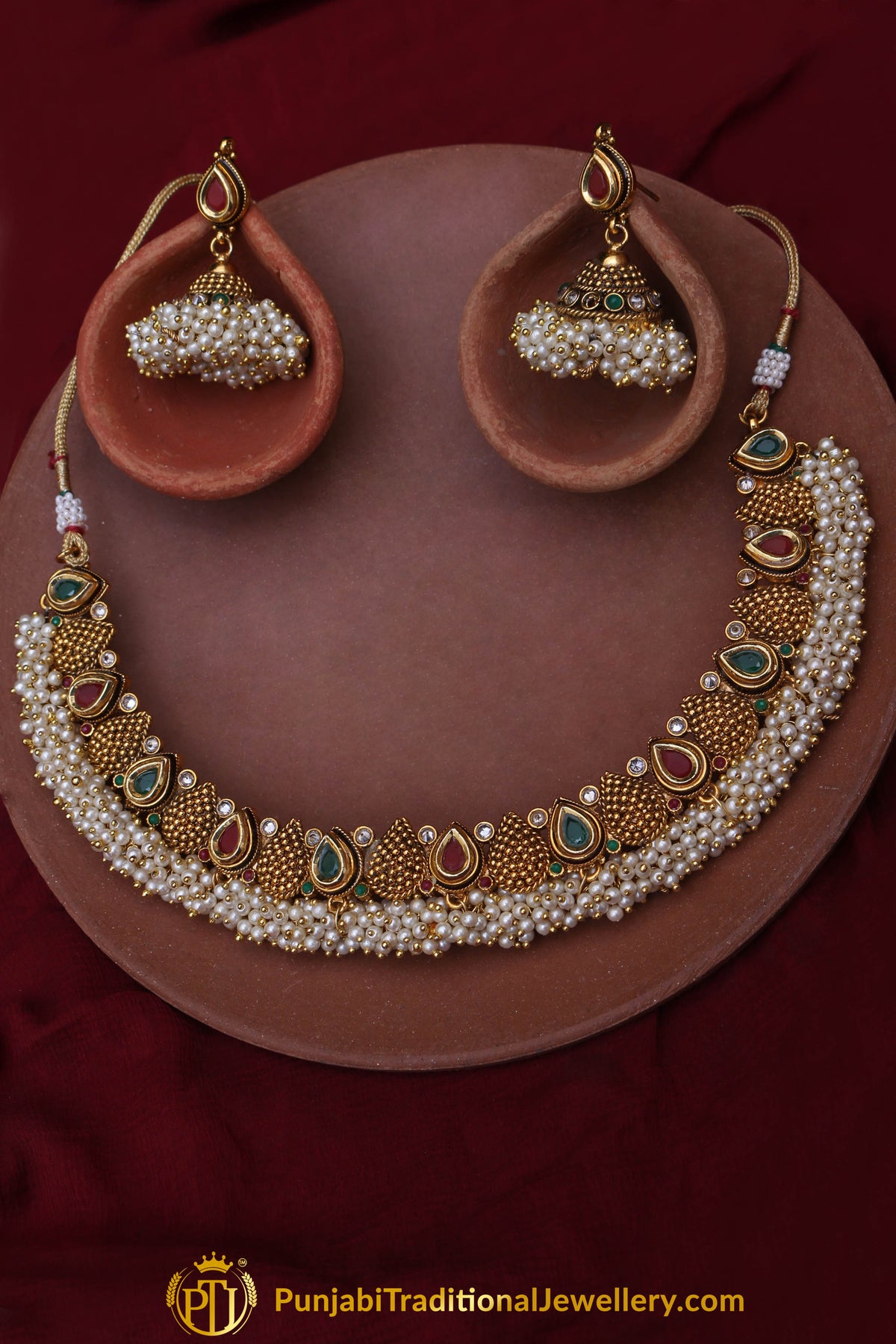 Antique Gold Pearl Necklace Set By Punjabi Traditional Jewellery