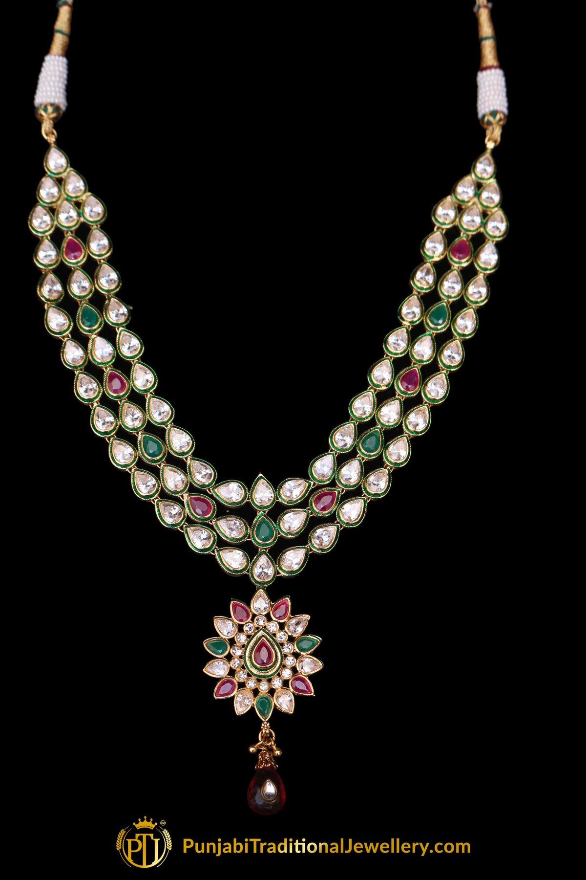 Green Red Meena Kundan Necklace Set By Punjabi Traditional Jewellery