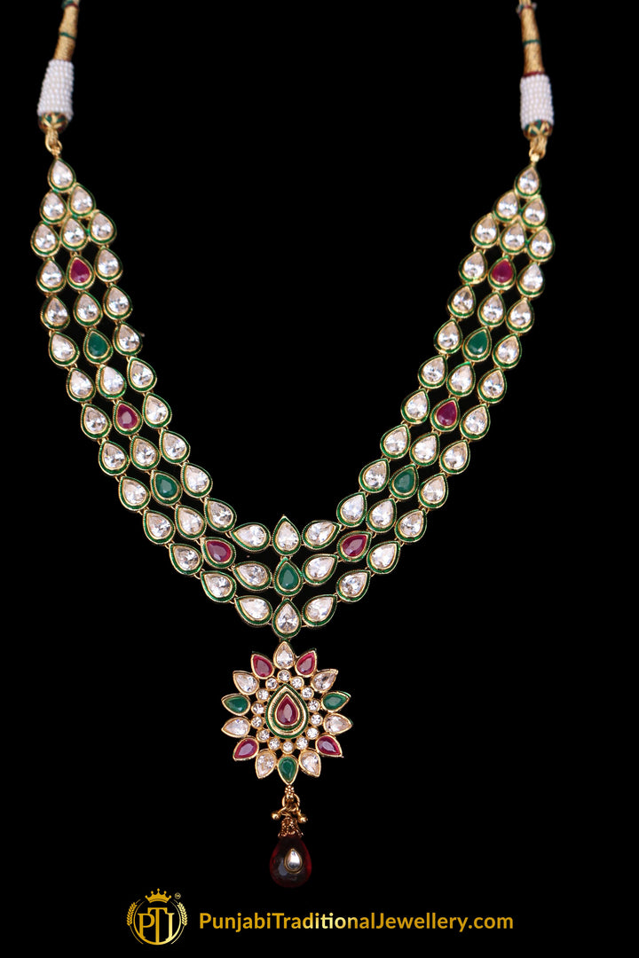 Green Red Meena Kundan Necklace Set By Punjabi Traditional Jewellery