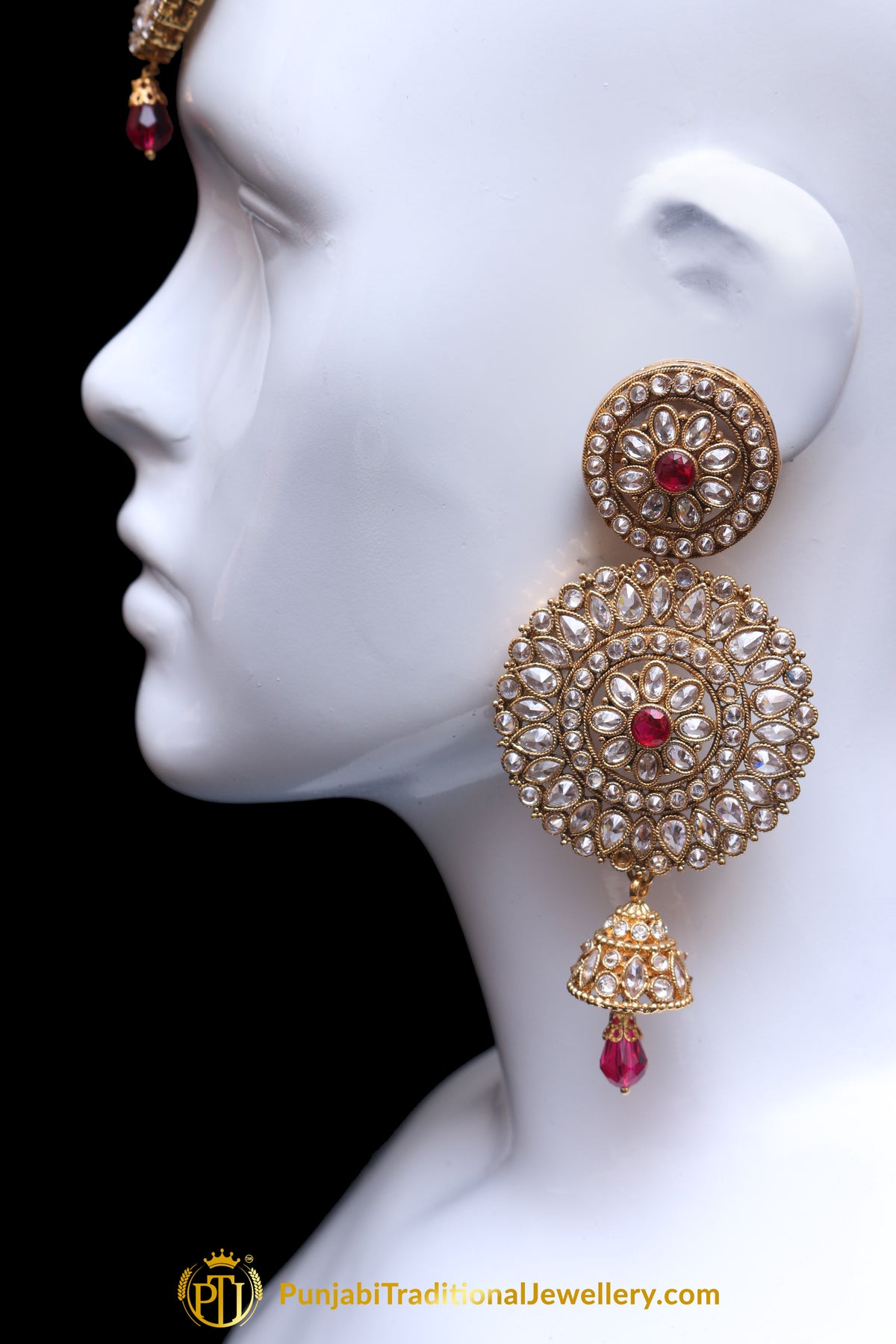 Red Polki Earring Tikka Set By Punjabi Traditional Jewellery