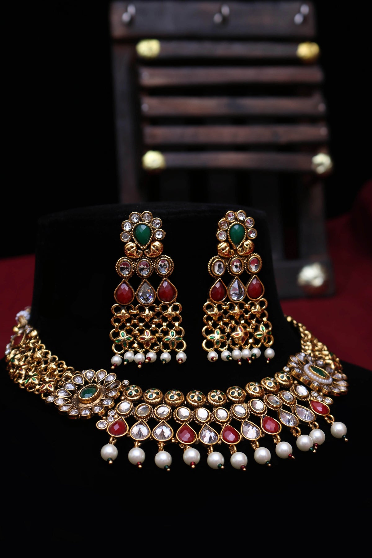 Justju Green & Red Pearl Necklace Set By Punjabi Traditional Jewellery