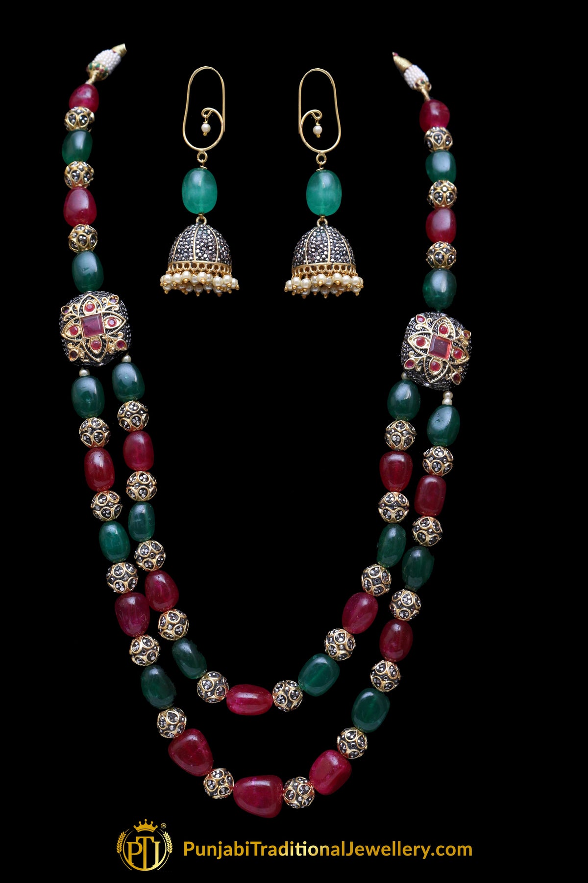 Red Green Mala Necklace Set By Punjabi Traditional Jewellery