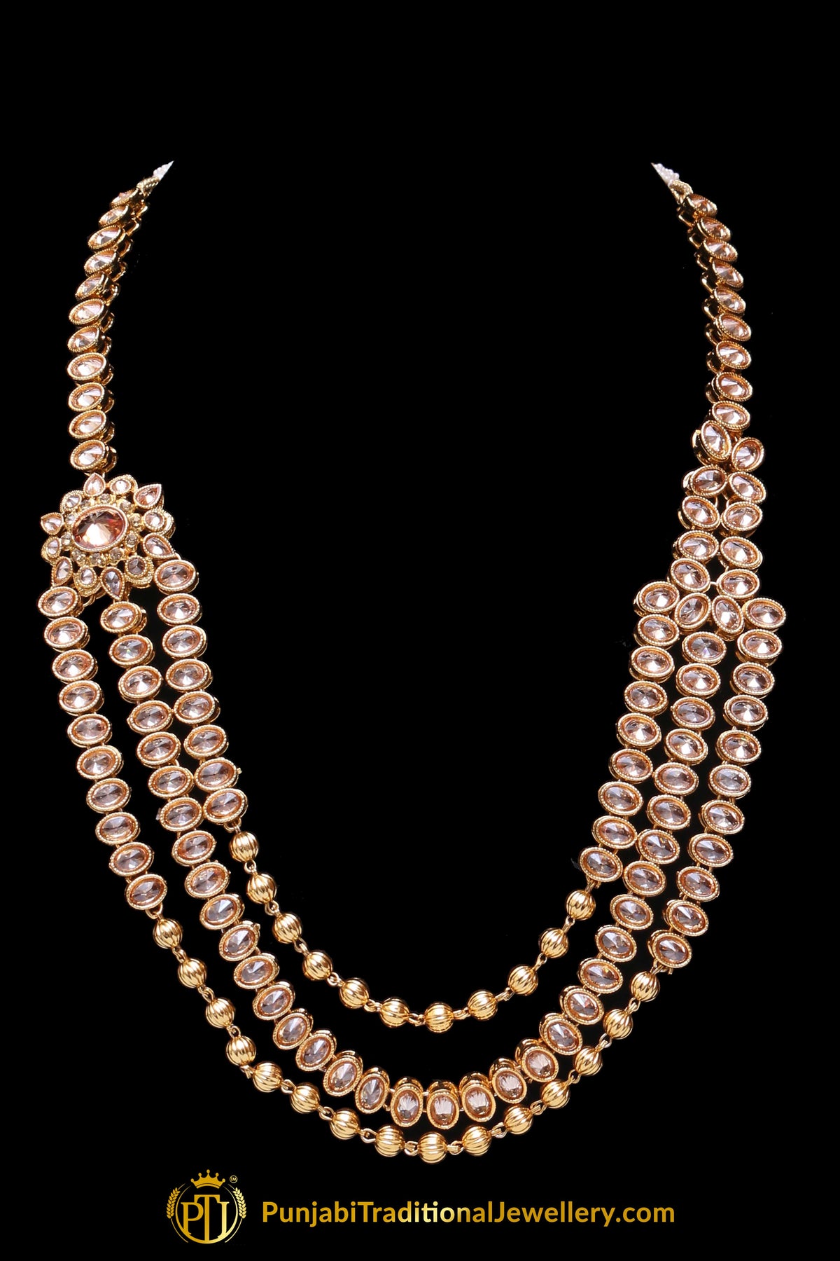 Champagne Stone Antique Gold Necklace Set By Punjabi Traditional Jewellery